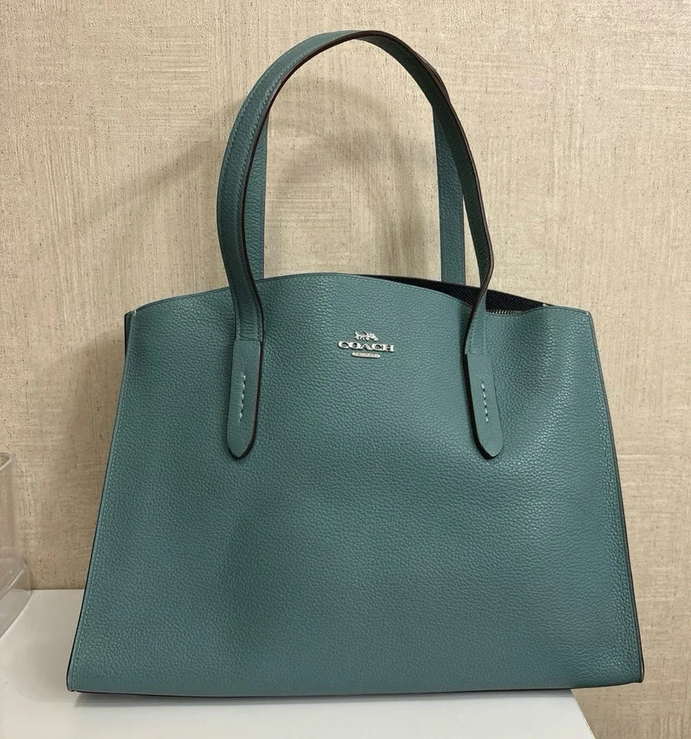 B6-006Coach Avenue Metallic Green Leather Carryall Satchel Tote Shoulder Bag NWT
